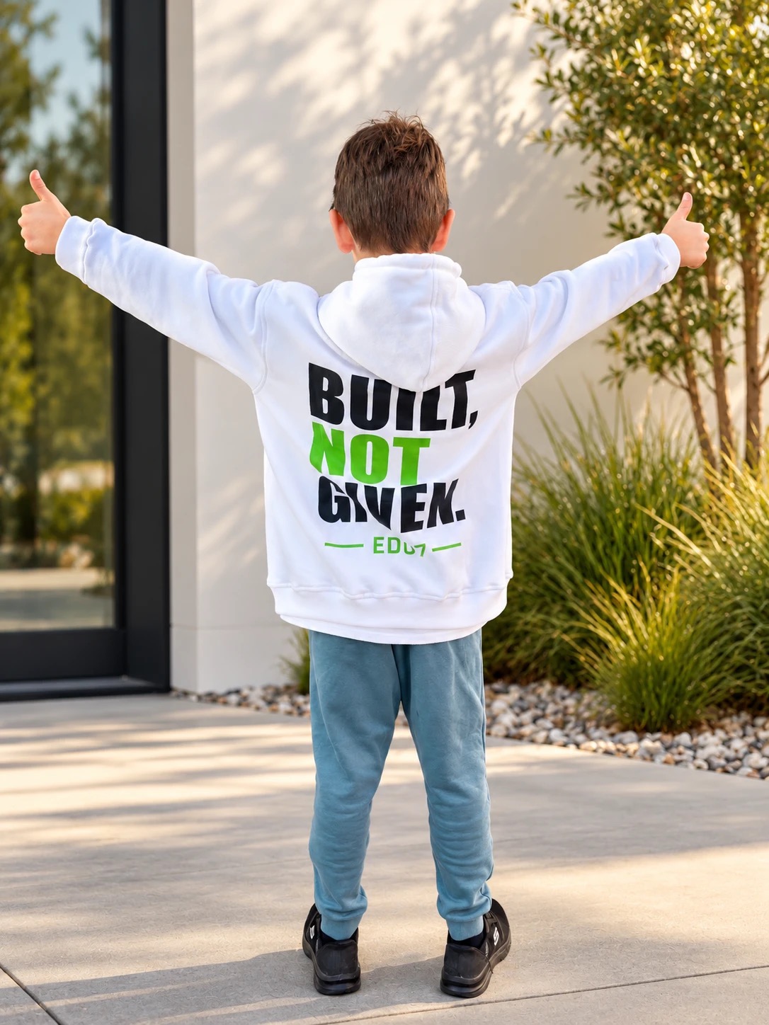 The Built, Not Given hoodie, worn